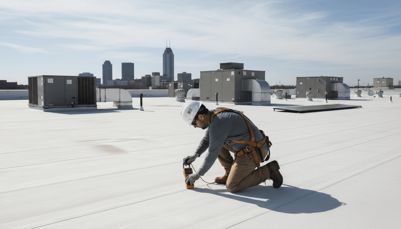 Technician inspecting a commercial roof membrane with a moisture meter