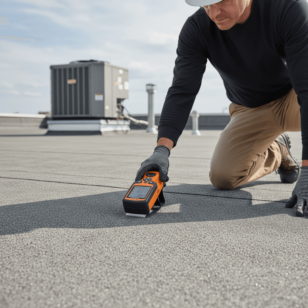 Roofing inspector using a moisture meter on a commercial roof