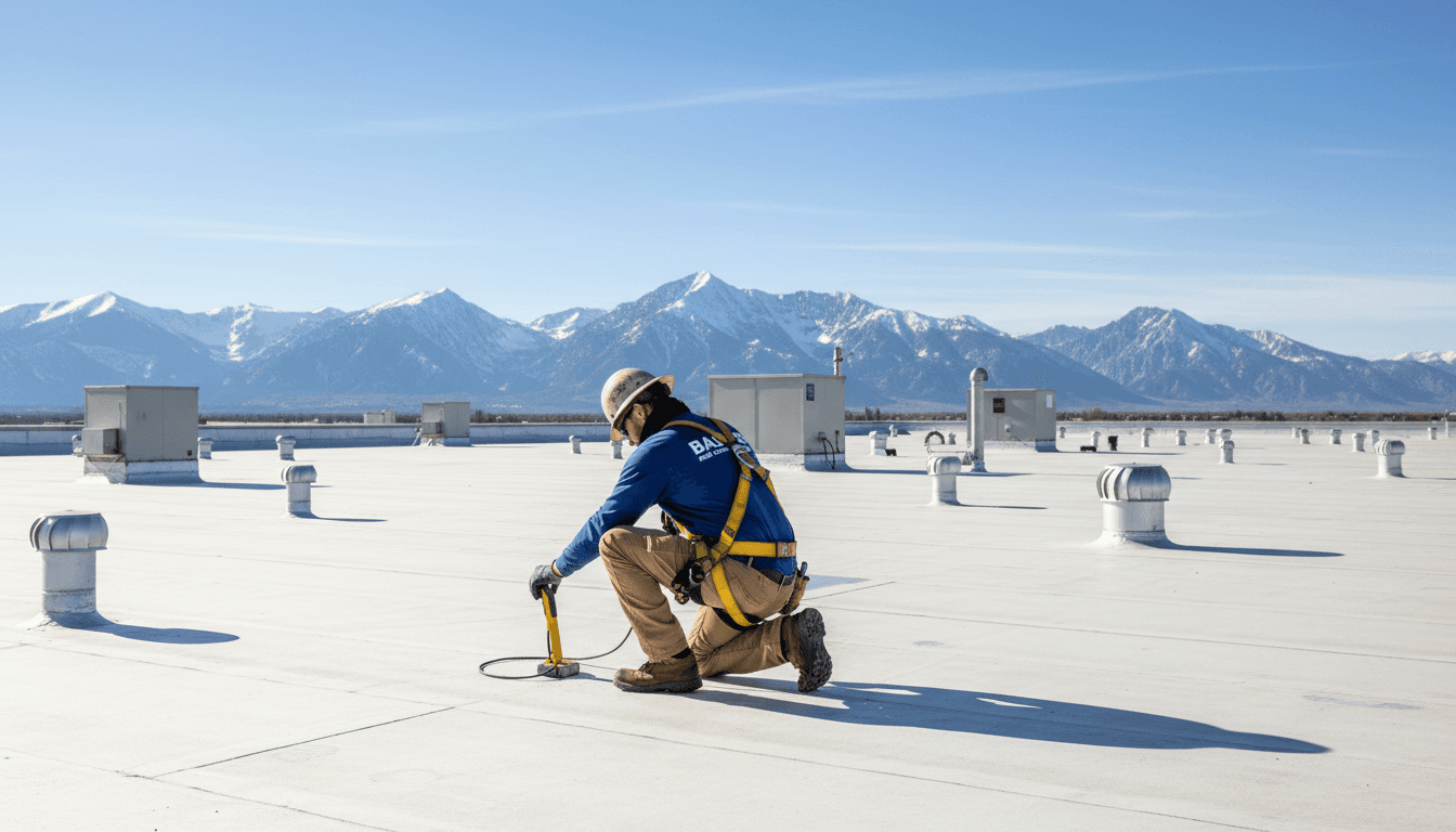 Roofing technician inspecting a commercial flat roof in Colorado