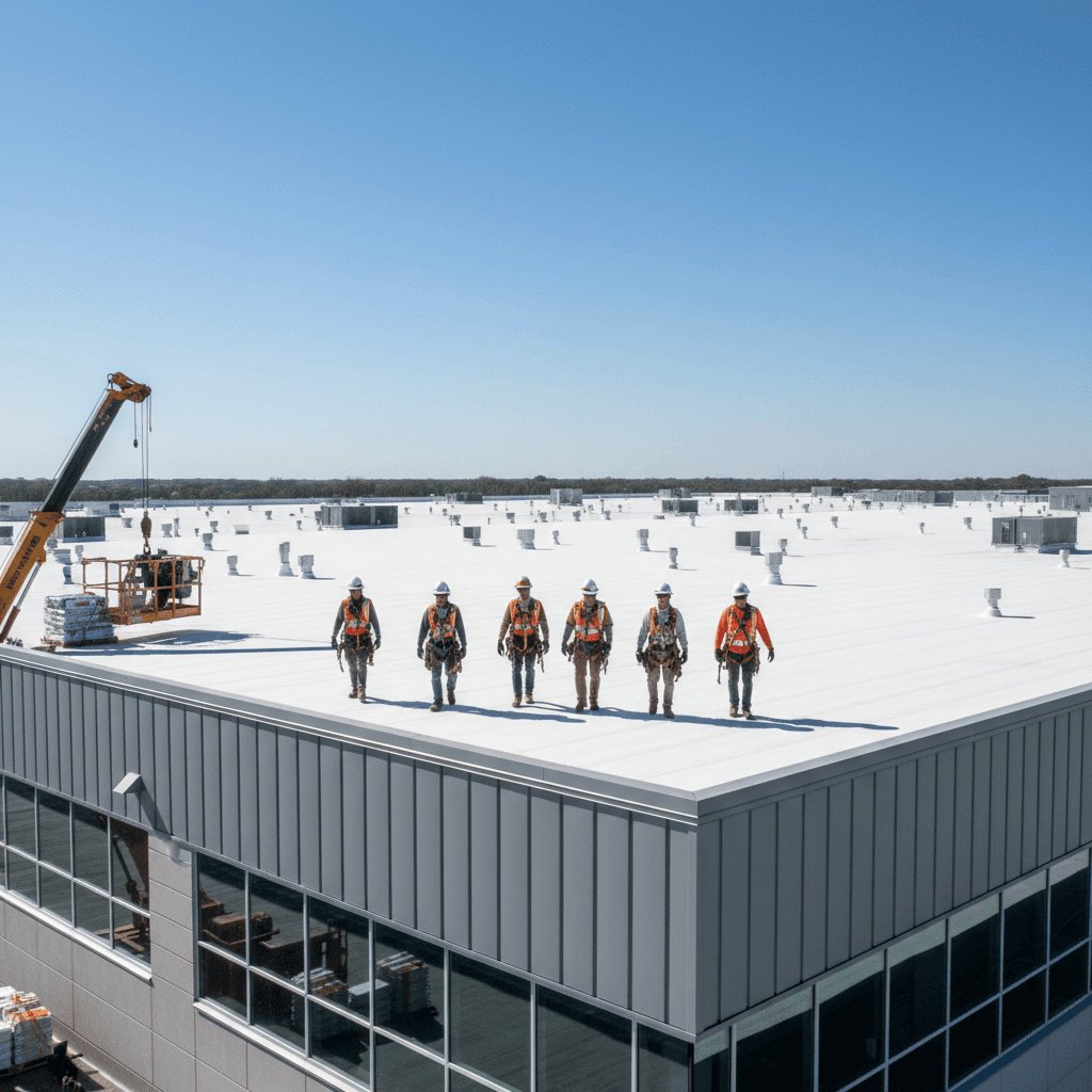 Commercial roofing technicians walking across a large white membrane roof