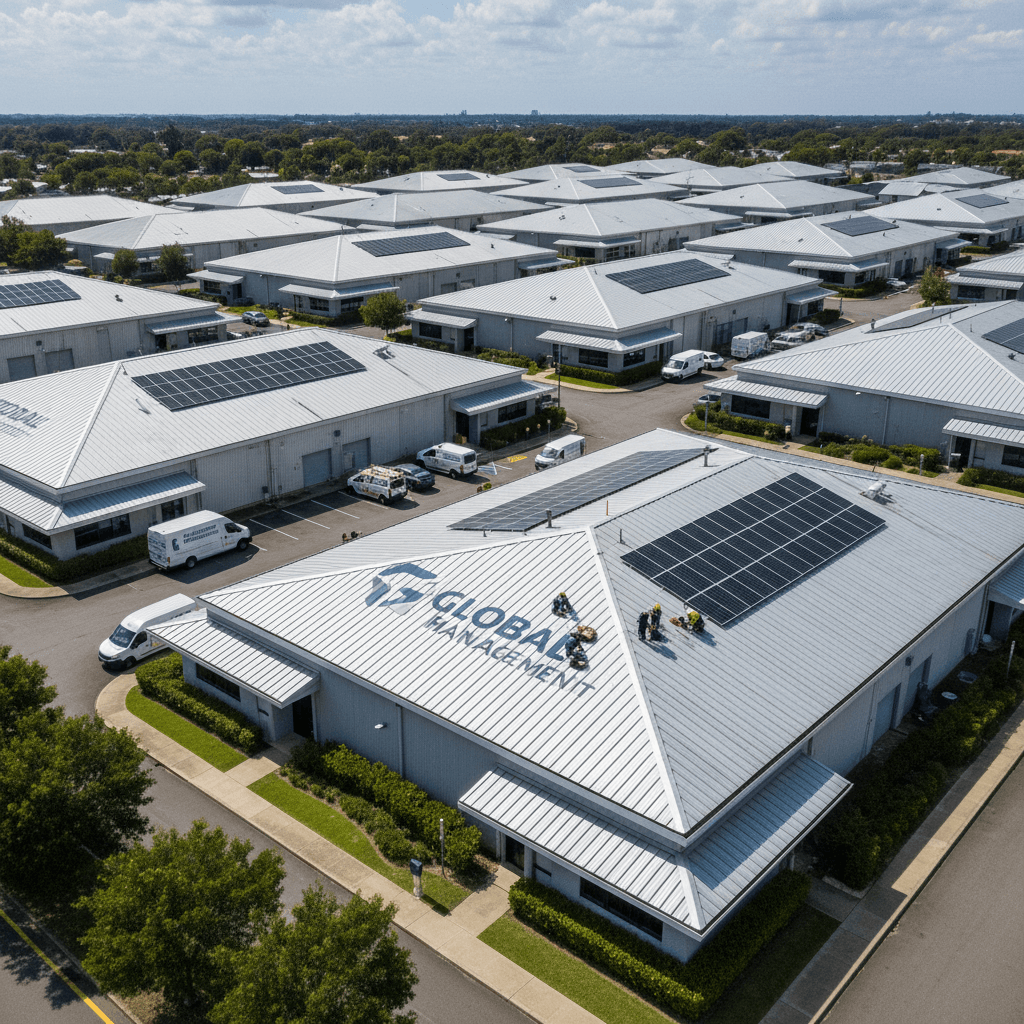Multiple commercial buildings with roof systems managed by a facilities team