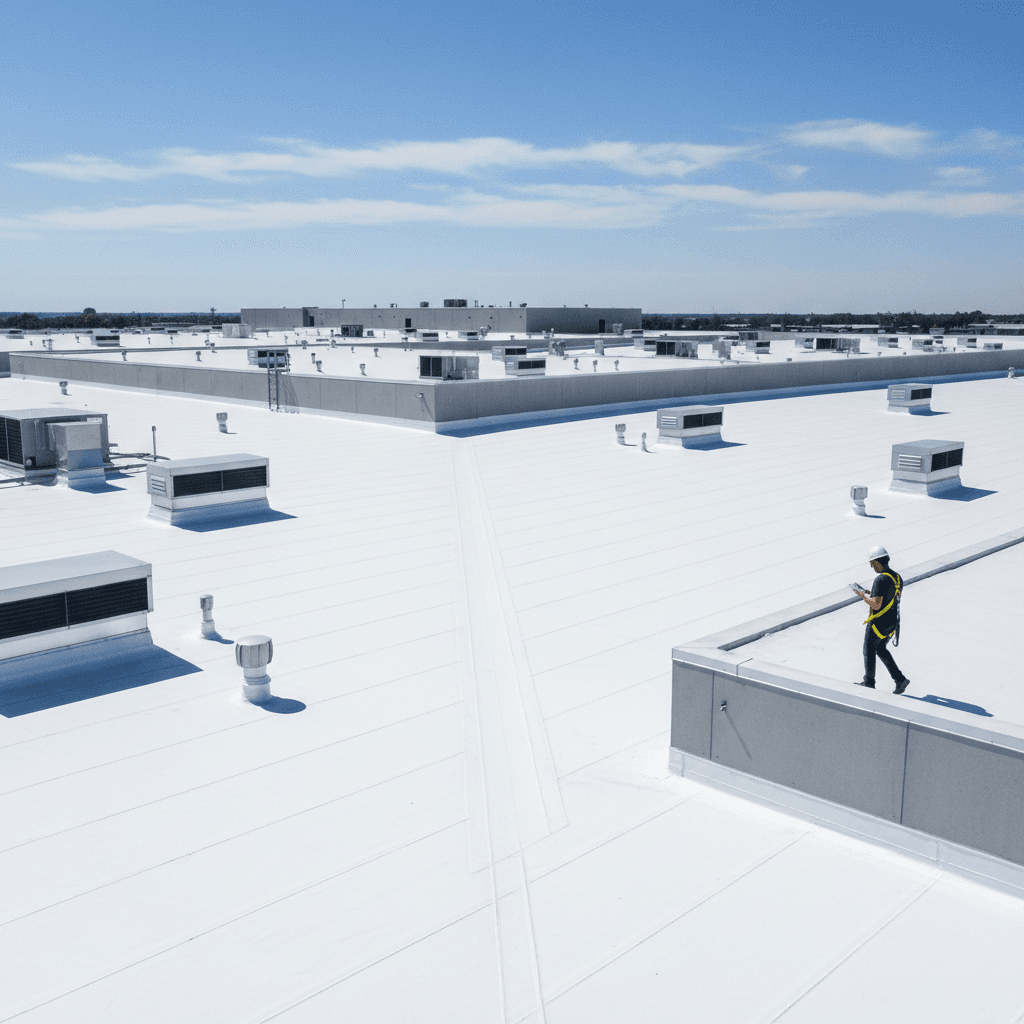 Aerial view of a commercial flat roof with white membrane and technicians walking inspection line.