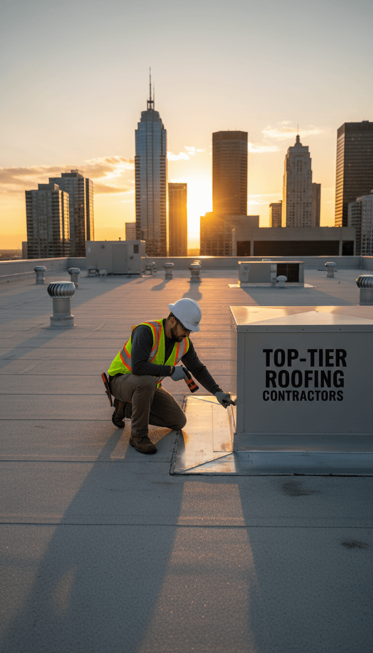 Roofing inspector on a commercial roof checking flashing details at sunrise with a flashlight
