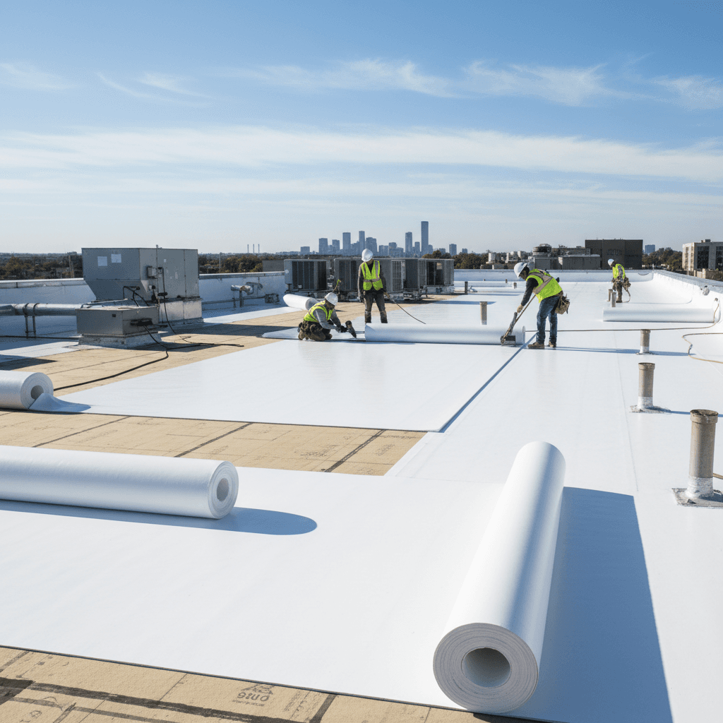 White TPO roof membrane on commercial building
