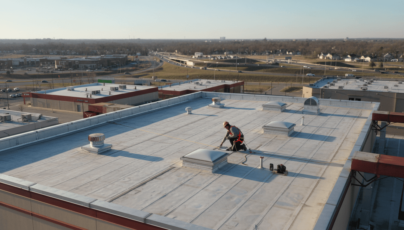 Technician in a safety harness inspecting a low-slope commercial roof with visible membrane seams and flashing