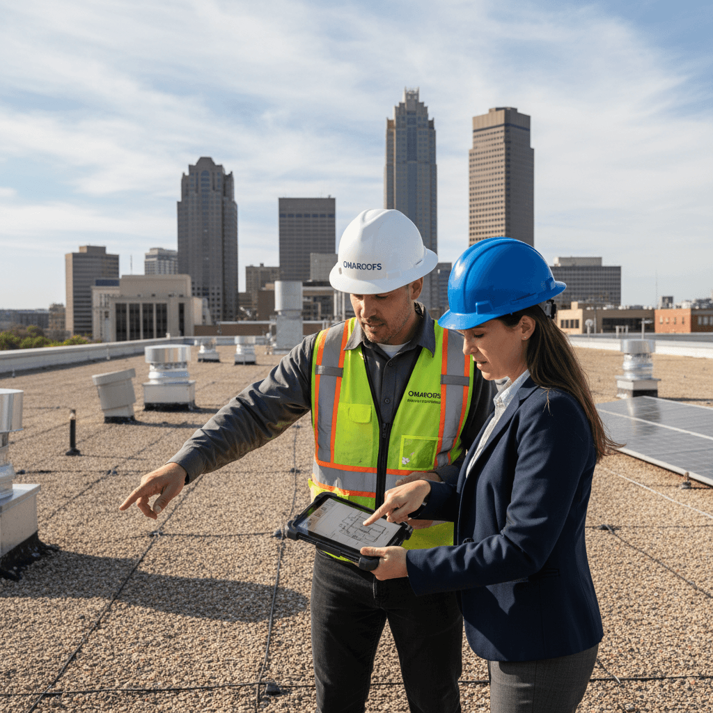 Roofing supervisor reviewing roof assessment with a facilities manager