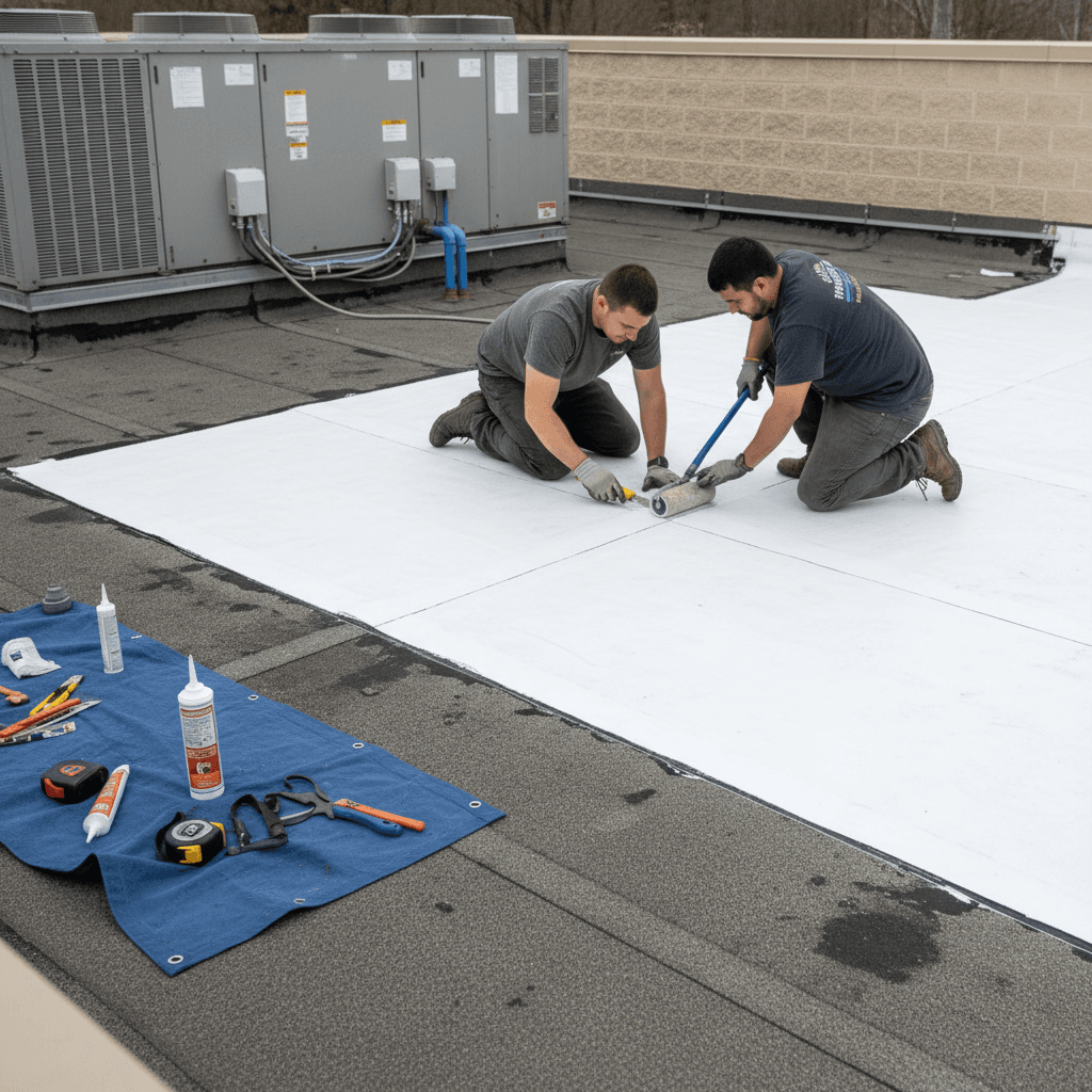 Two technicians performing a membrane repair on a commercial roof