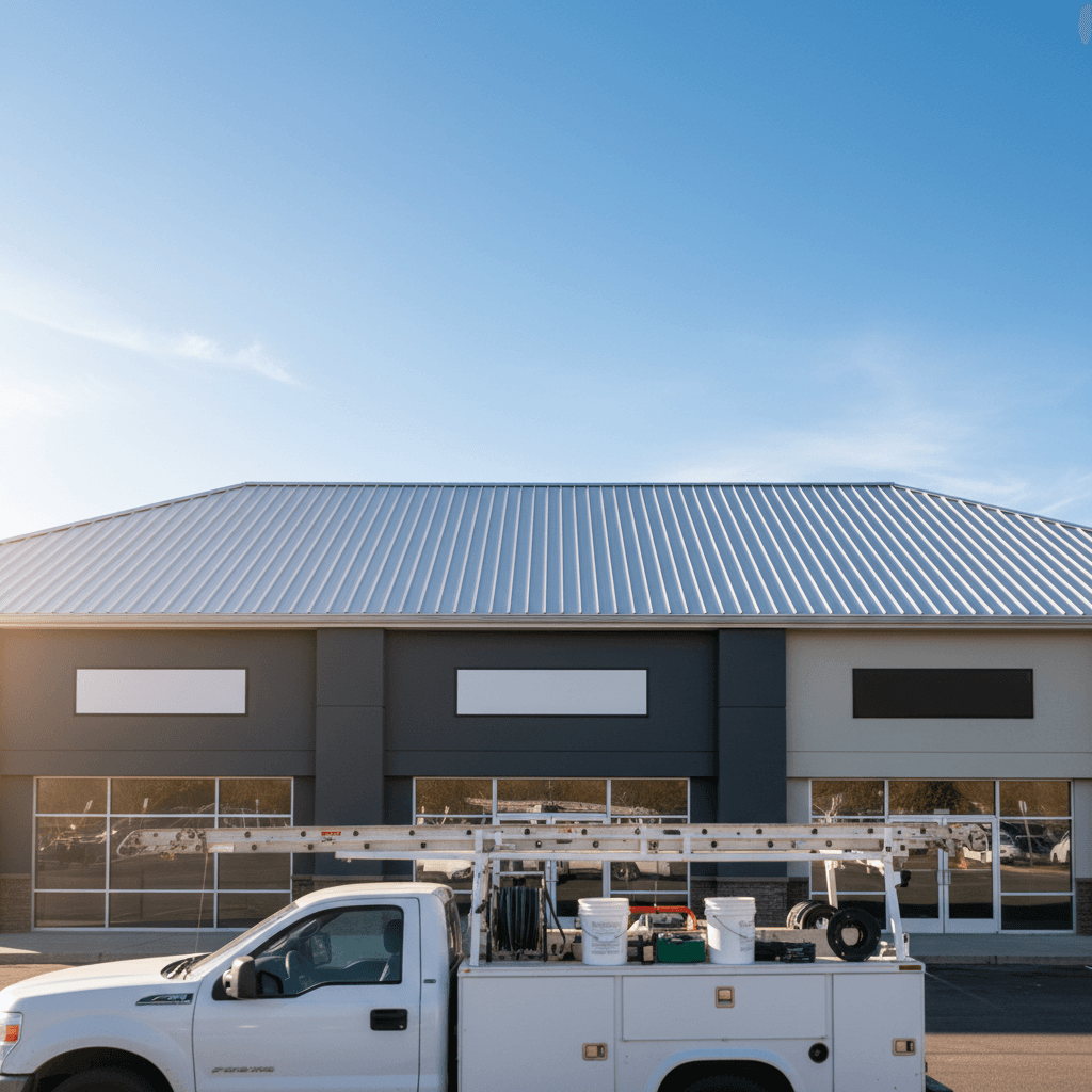 Completed standing seam metal roof on a commercial retail building