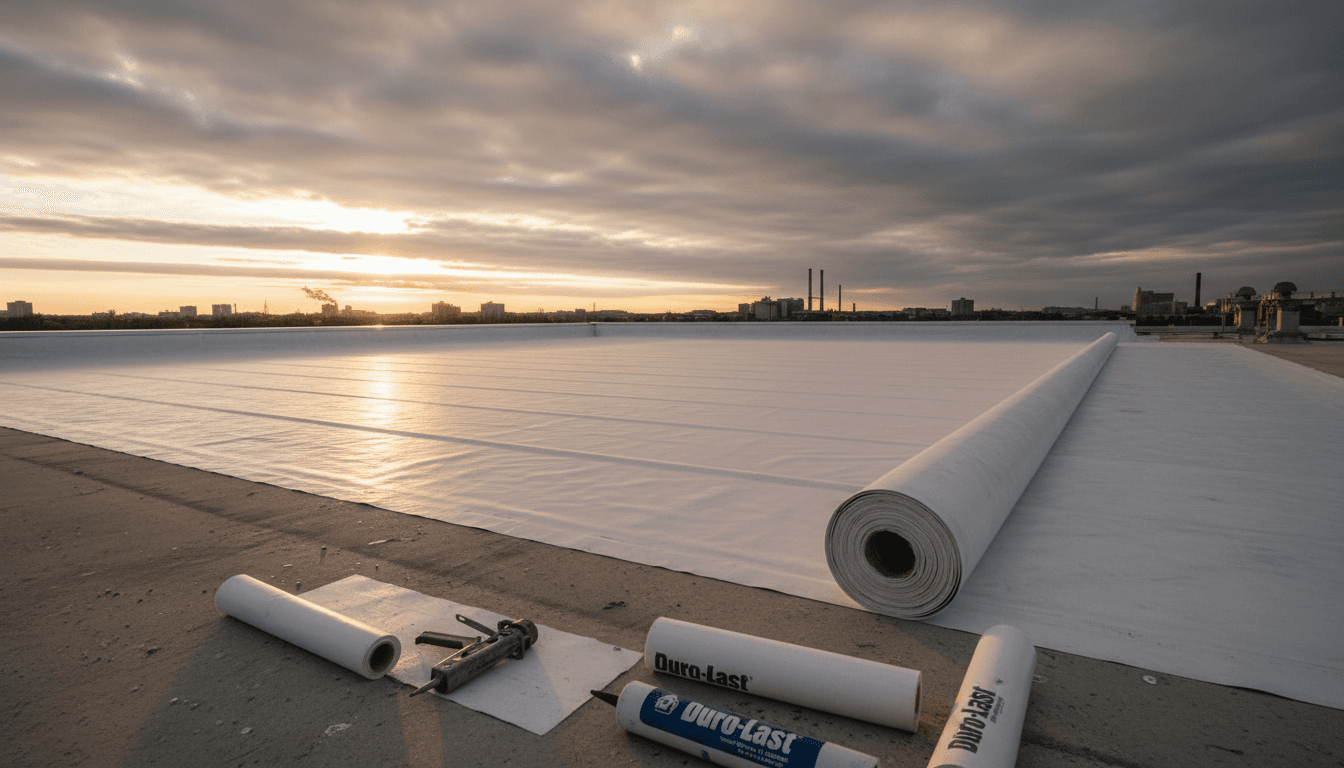 A white roofing membrane unrolled across a commercial roof with roofing tools visible at the edge