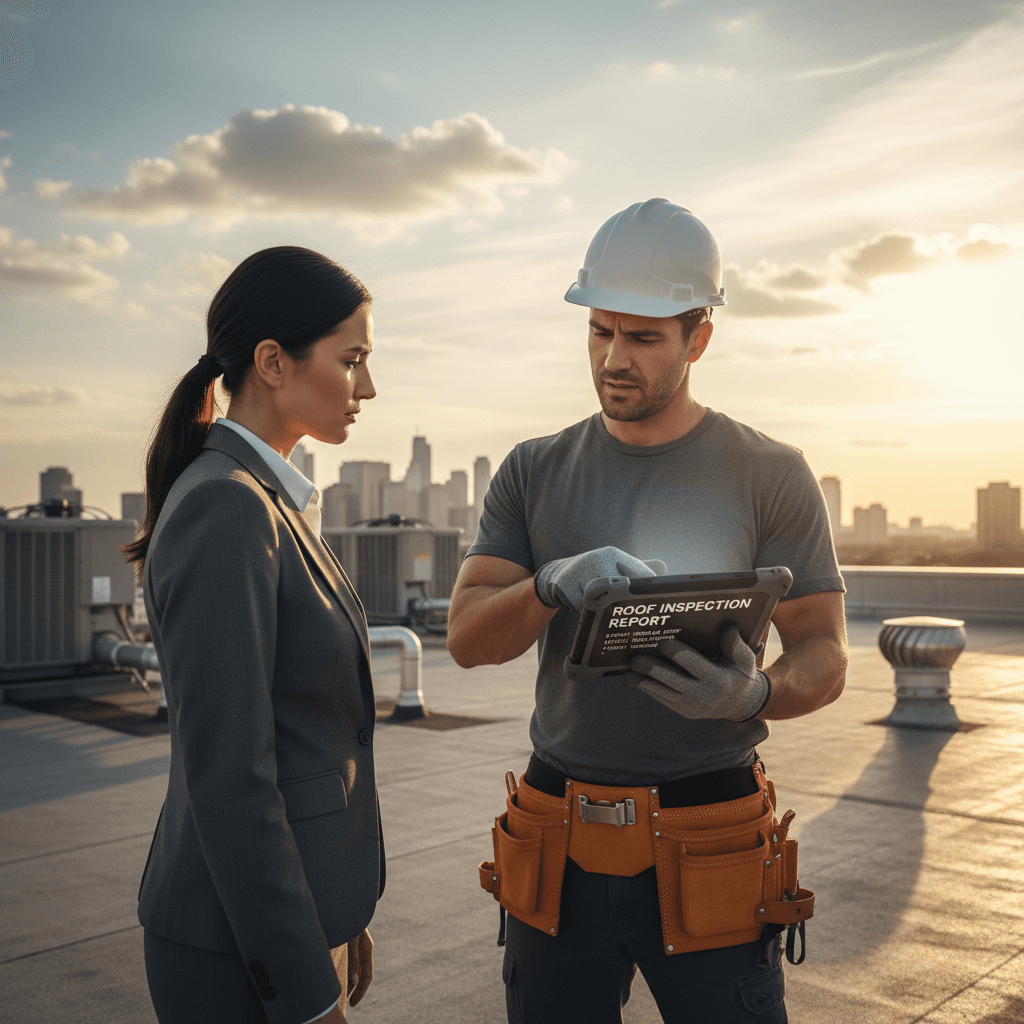 Contractor reviewing digital report on rooftop