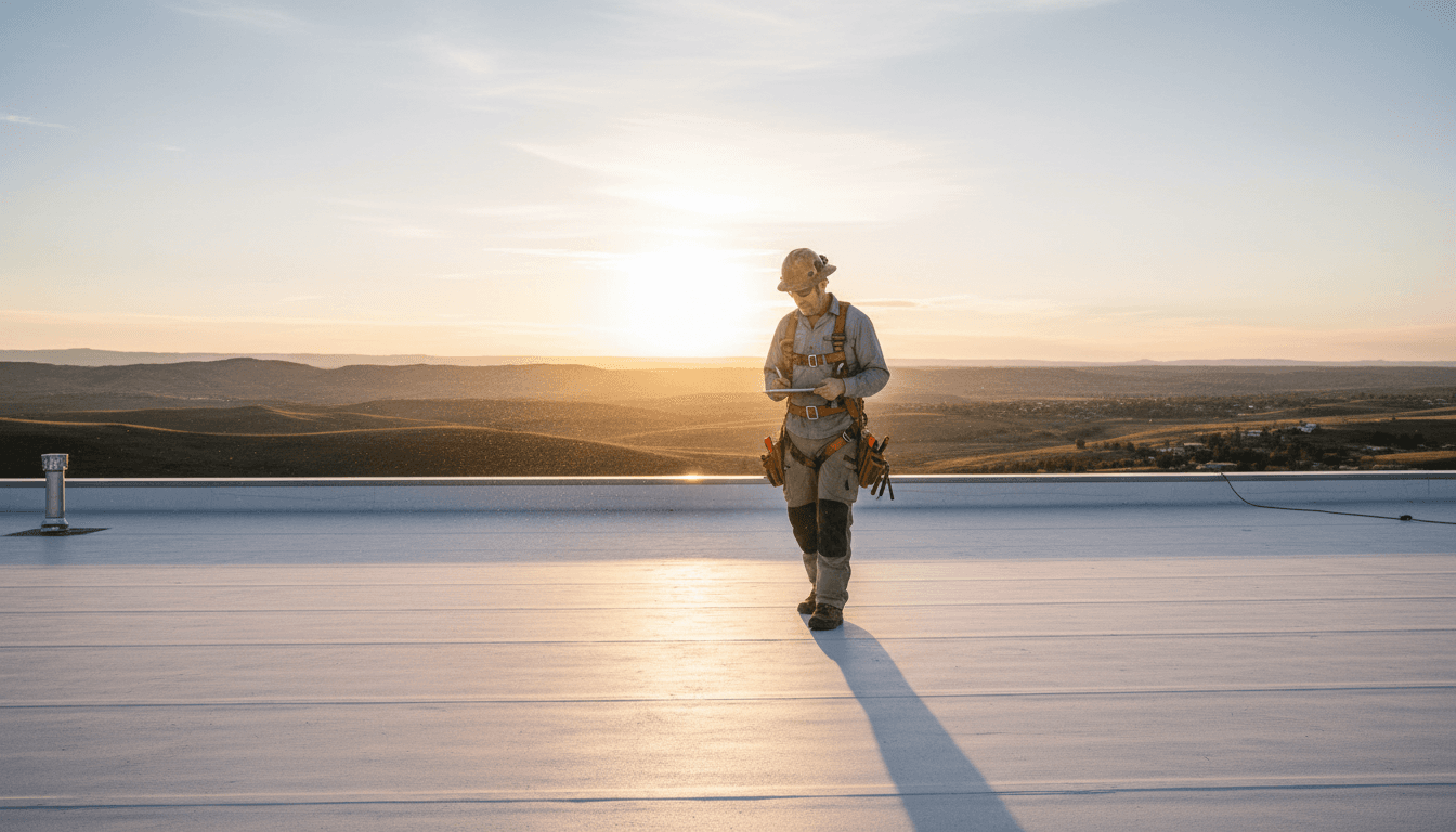 Commercial roofing inspector walking across a low-slope roof with Colorado foothills in the background