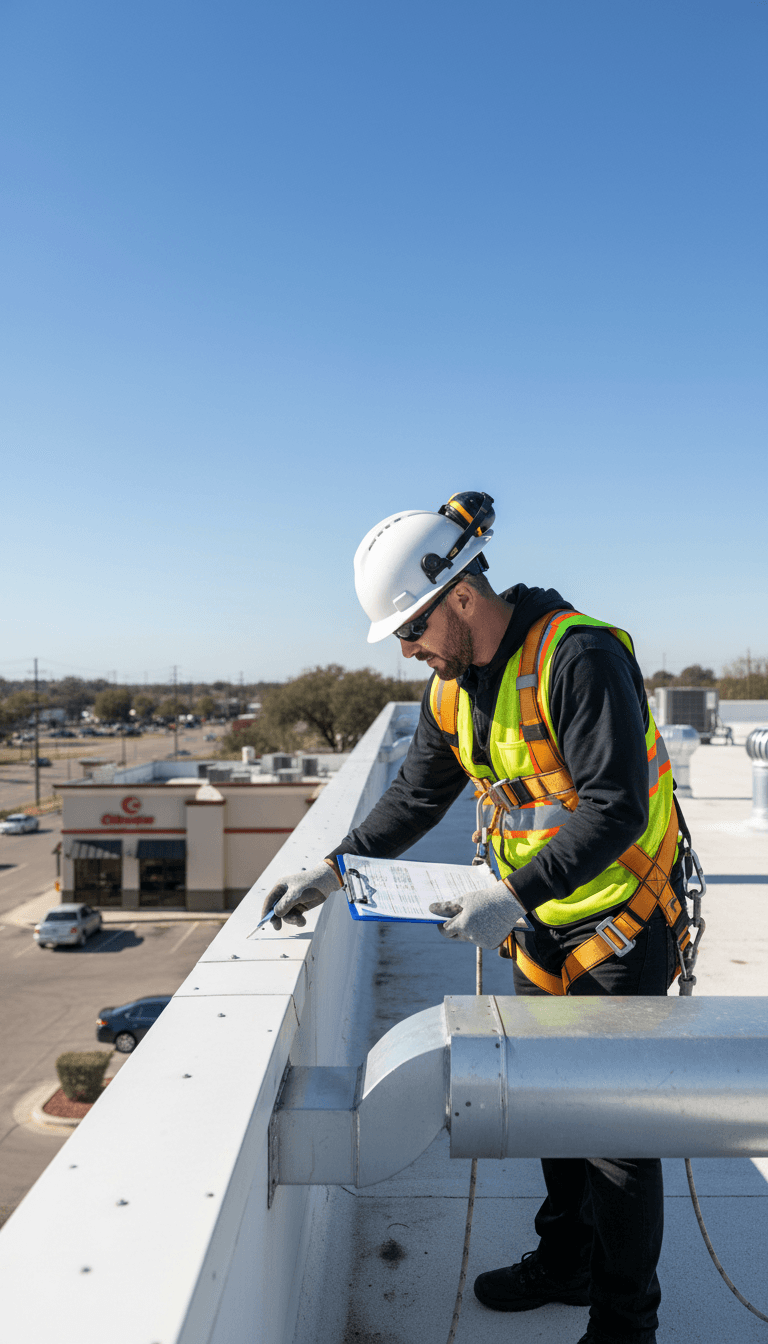 Commercial roofing technician inspecting a roof edge with a clipboard, emphasizing precision and professionalism.