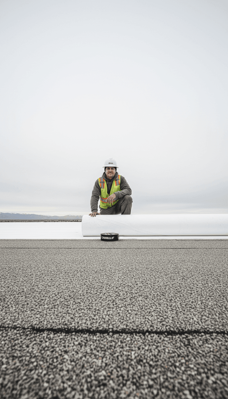 Commercial roofing contractor kneeling on a roof with Duro-Last membrane and tools, looking at the camera