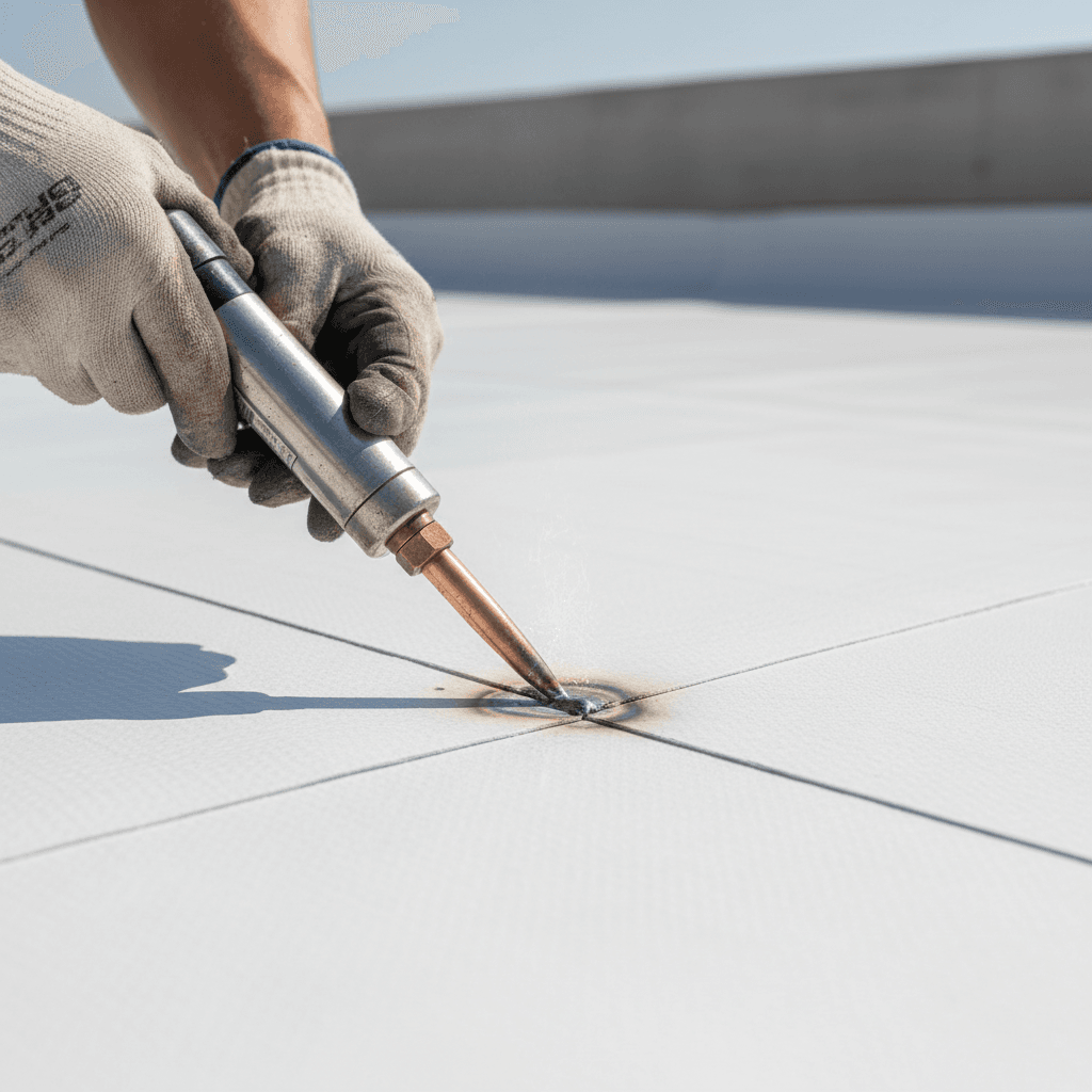 Technician heat-welding a seam on a white PVC roof membrane