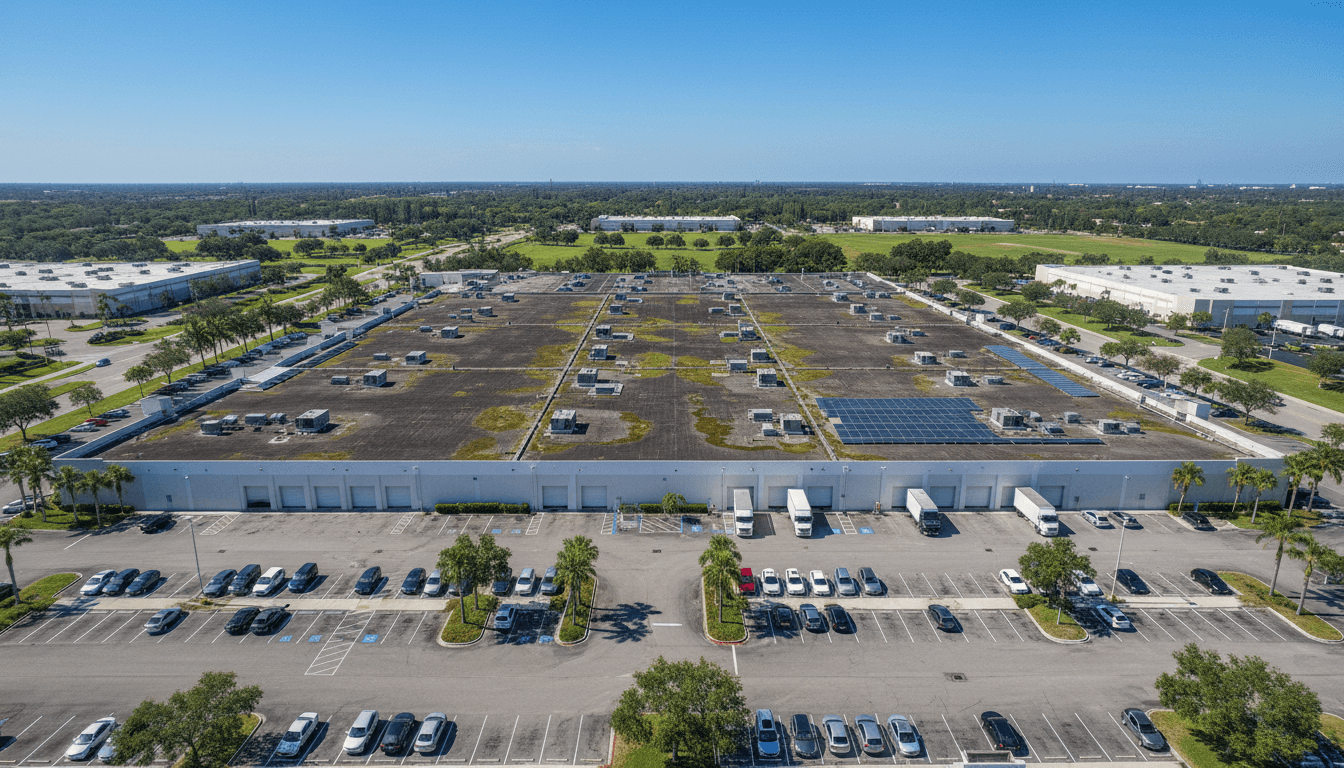 Aerial view of a commercial building with a flat roof