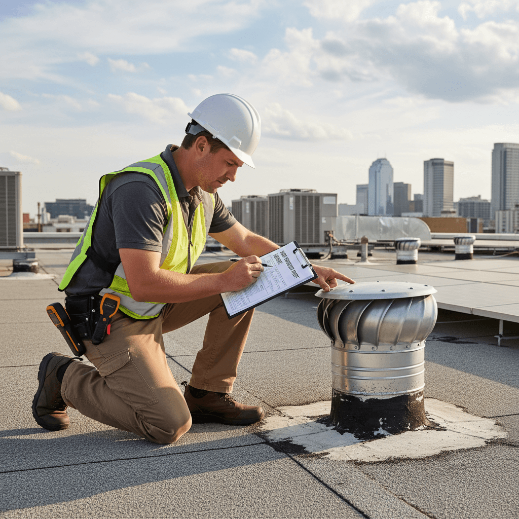 Inspector examining commercial roof with clipboard