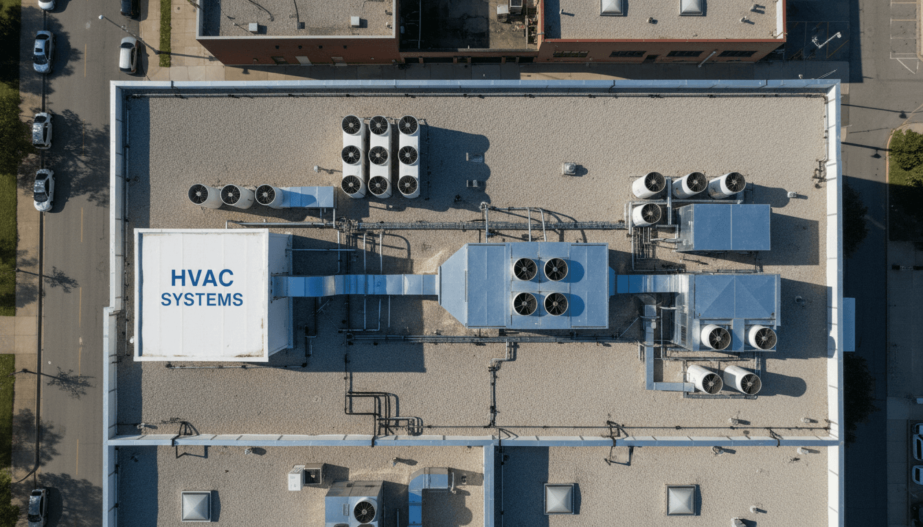 Aerial view of commercial rooftop with ventilation units