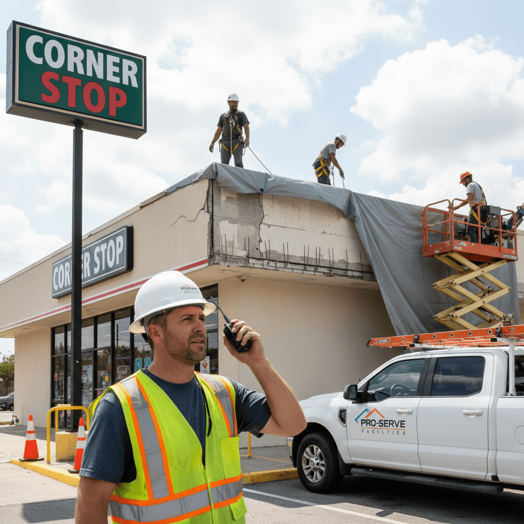 Facilities maintenance technician coordinating repairs on a convenience store