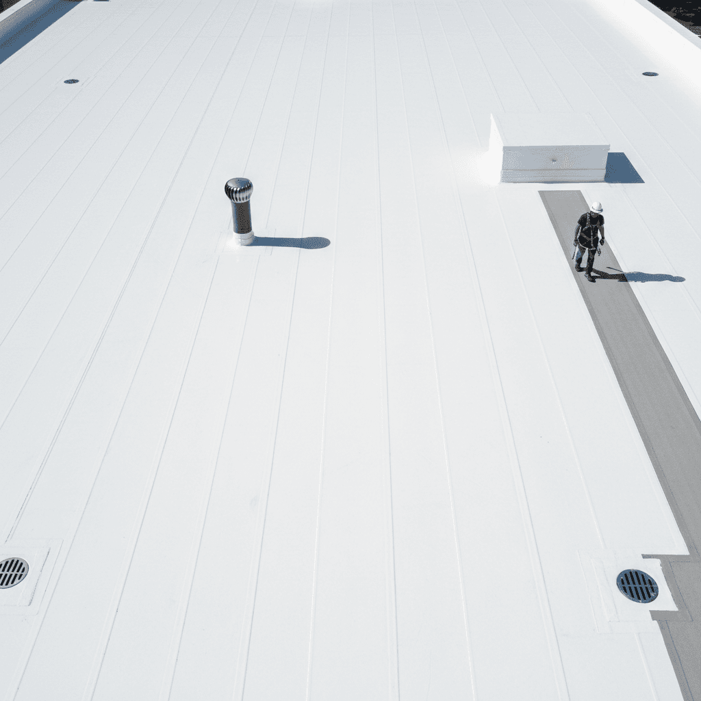 Overlooking a fully installed white roof membrane with neat seam lines
