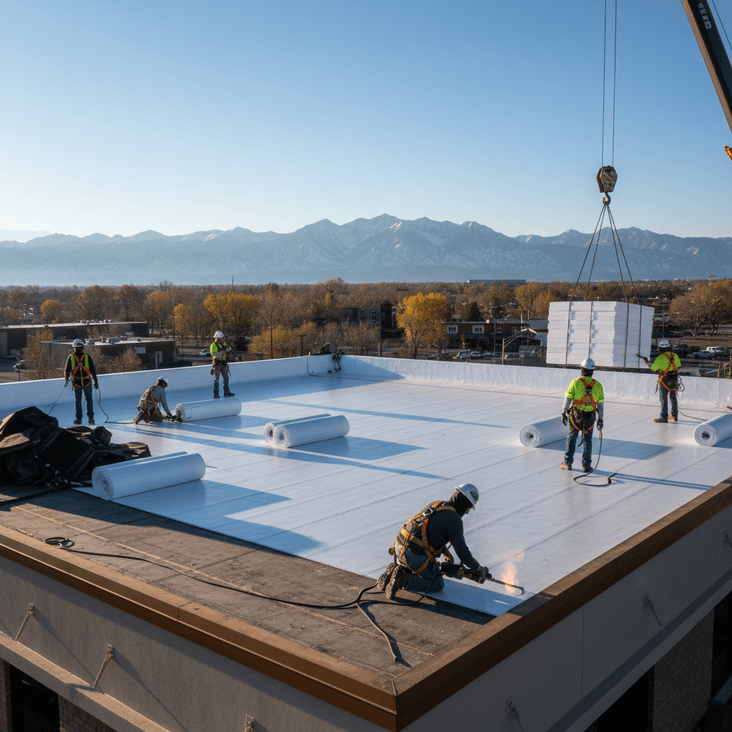 Crew installing new white membrane on a commercial restaurant roof