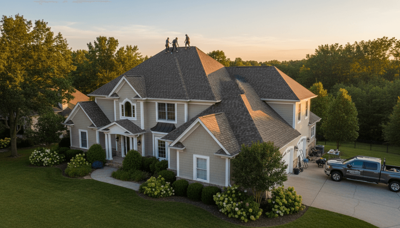 A newly finished residential roof on a two-story home, with a roofing crew working at the ridge