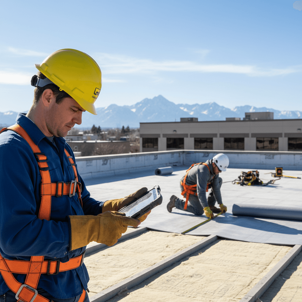 Roofing foreman reviewing plans on a tablet during an installation