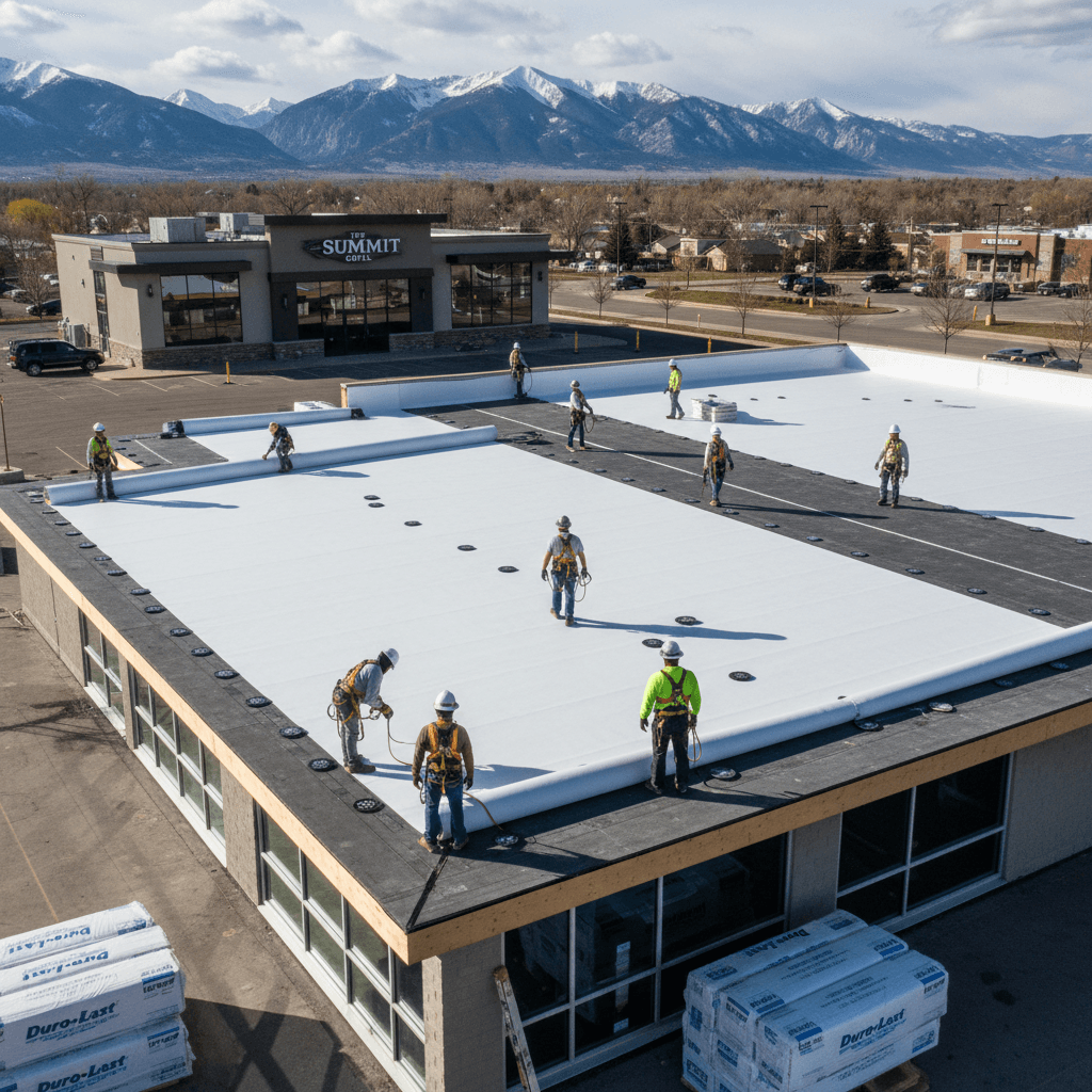Duro-Last white membrane roof being installed on a commercial restaurant building