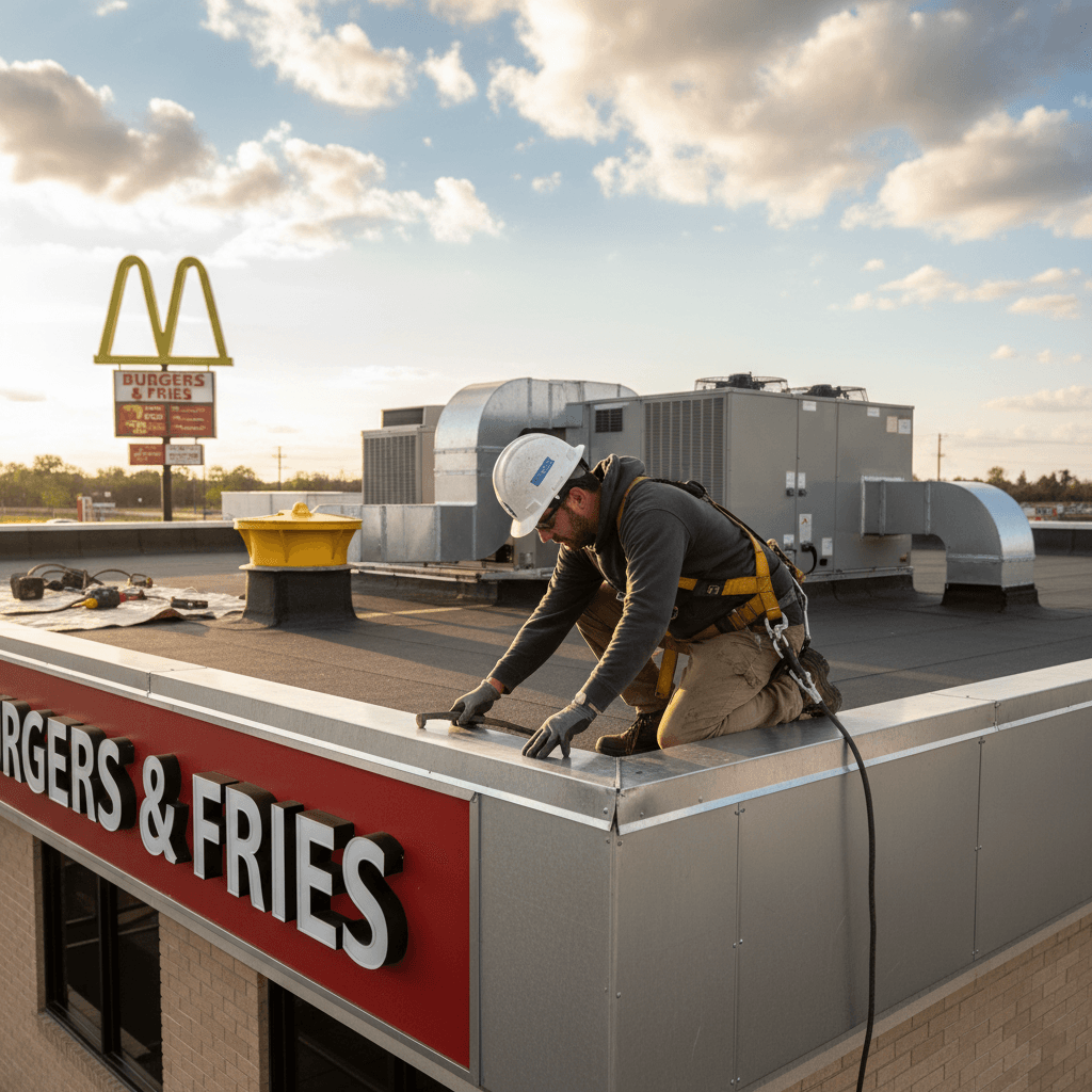 Commercial roofer inspecting membrane edge flashing on a restaurant roof