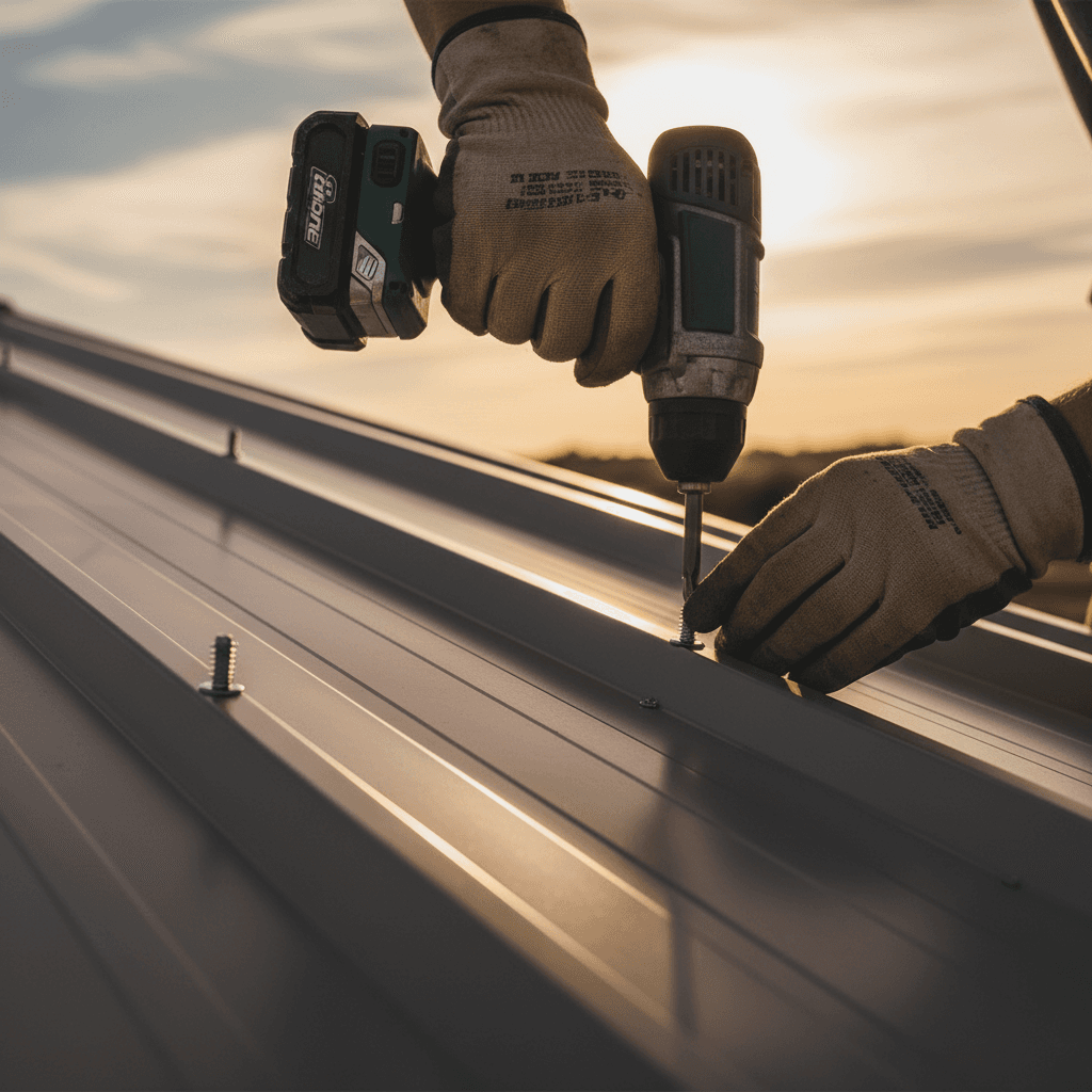 Gloved hand cutting Duro-Last membrane on a commercial roof edge
