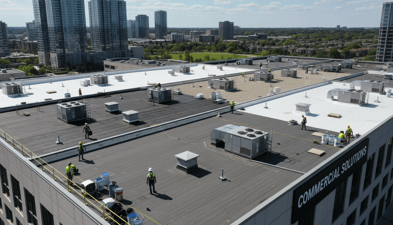 Commercial flat roof renovation project showing multiple workers, equipment, and roofing materials across expansive building surface