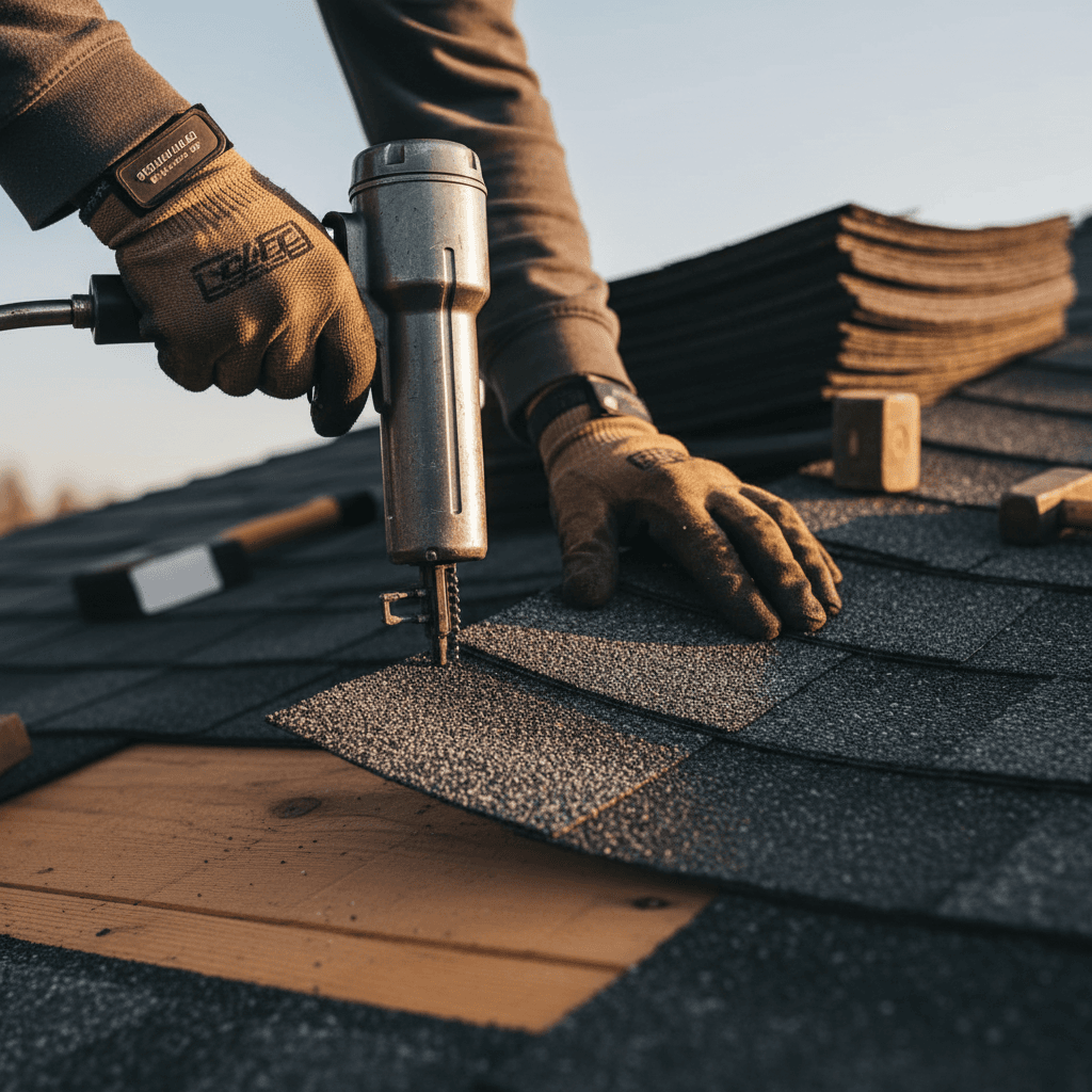 Gloved hands gripping the edge of a white single-ply roofing membrane being rolled out across a commercial flat roof under direct sunlight.