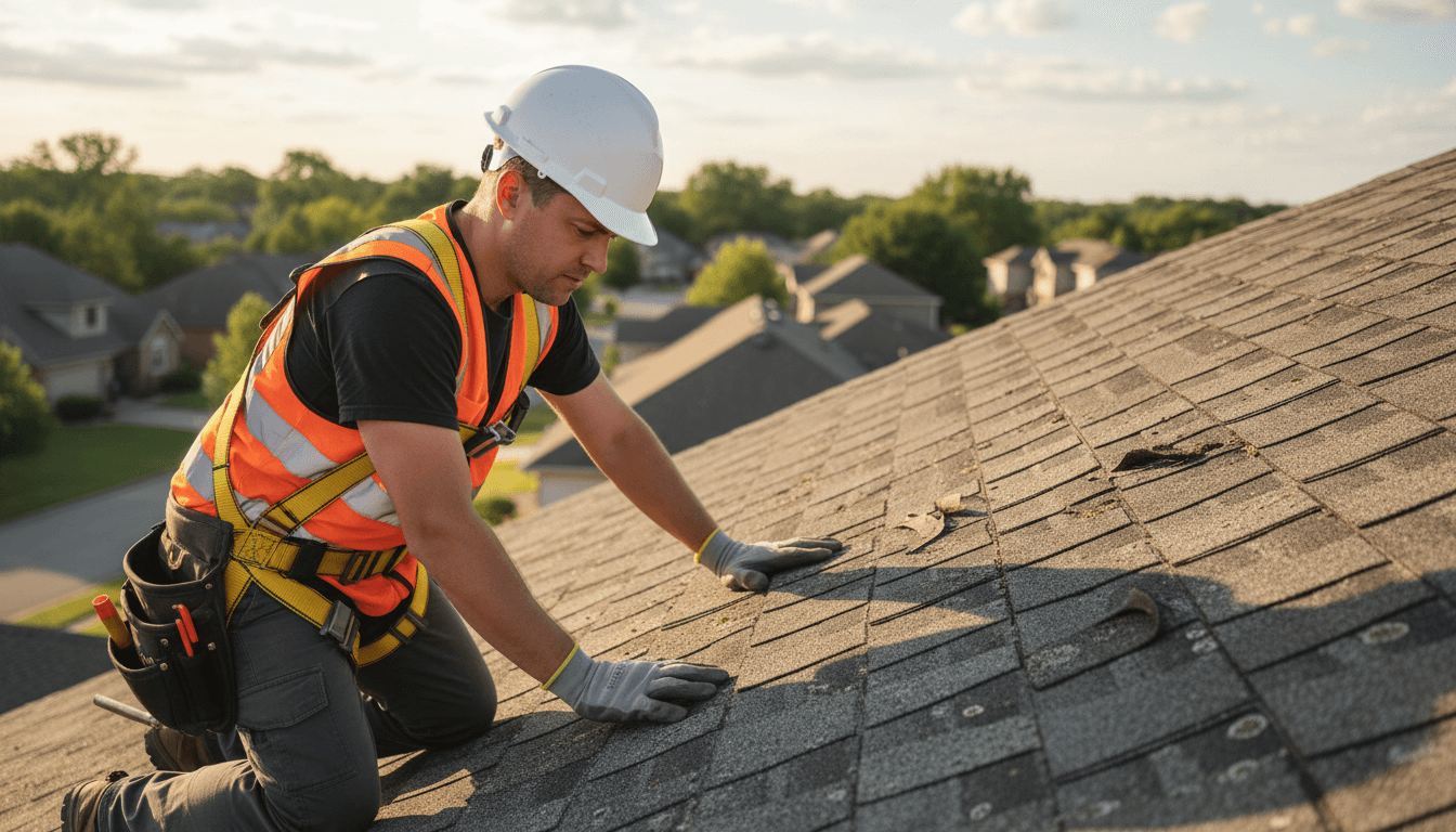 Roofing contractor in safety gear inspecting asphalt shingles on residential roof with suburban neighborhood in background