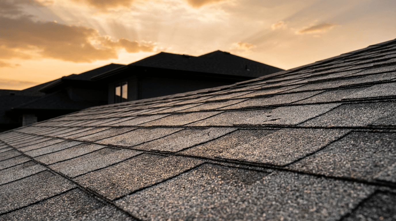 Commercial roofer's boots on a roof edge at sunset overlooking a parking lot