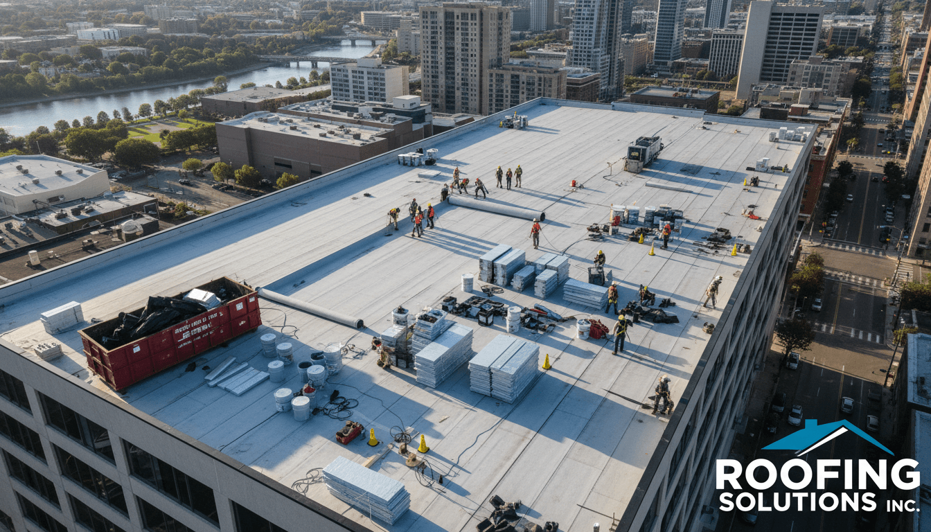 Multi-unit commercial roof replacement in progress